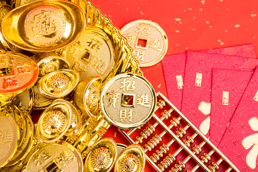 Chinese new year ornament--gold ingot,orange,golden coin and golden abacus,chinese knot.