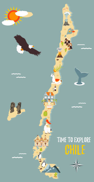 Map of Chile with destinations, animals, landmarks Map of Chile with destinations, animals, landmarks. chile map stock illustrations