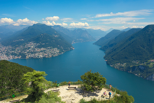 Panorama of Thun city with Alps and Thunersee lake, Switzerland. Historical Thun city and lake Thun with Bernese Highlands swiss Alps mountains in background, Canton Bern, Switzerland.