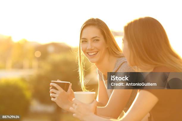 Photo libre de droit de Deux Amis Heureux De Parler Dans Un Balcon Au Coucher Du Soleil banque d'images et plus d'images libres de droit de Balcon