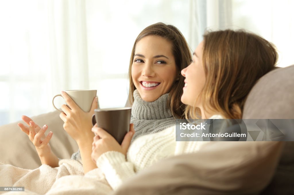 Two roommates talking on couch in winter Two happy roommates talking in winter sitting on a sofa in the living room in a house interior Friendship Stock Photo