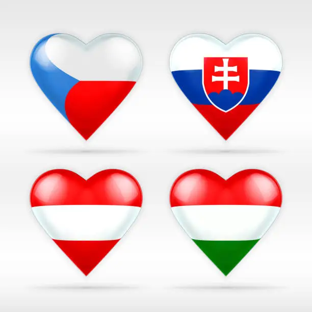 Vector illustration of Czech republic, Slovakia, Austria and Hungary heart flag set of European states