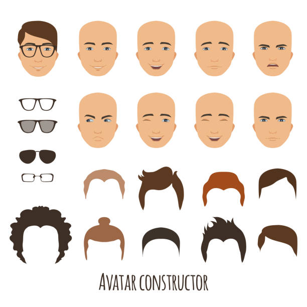 ilustraciones, imágenes clip art, dibujos animados e iconos de stock de constructor de avatar. elegir corte de pelo y la emoción. ilustración de vector de estilo plano. - 2947