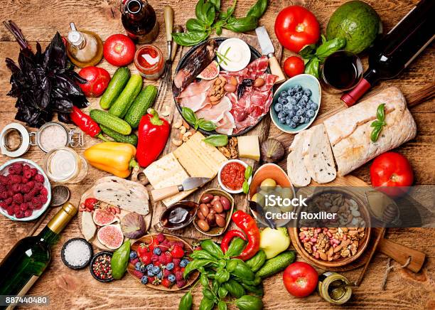 Top View Table Full Of Food Stock Photo - Download Image Now - Healthy Eating, Mediterranean Culture, Bar - Drink Establishment