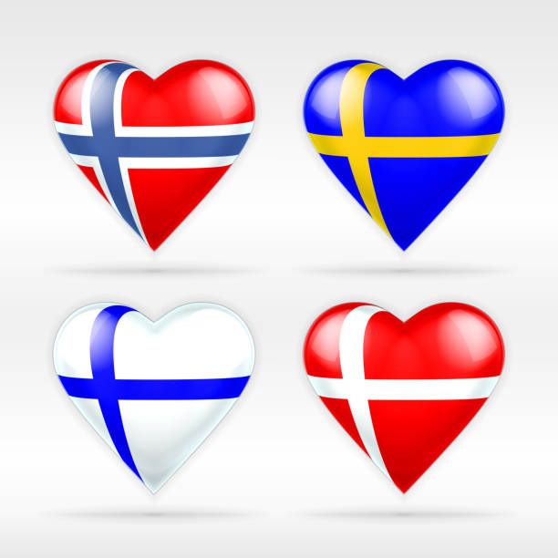 Norway, Sweden, Finland and Denmark heart flag set of European states collection of isolated vector state flags icon elements on white swedish flag stock illustrations