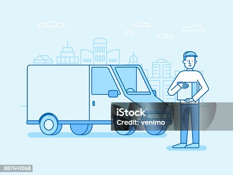 istock Vector illustration in flat linear style and blue colors - delivery concept 887441068