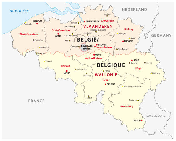 illustrazioni stock, clip art, cartoni animati e icone di tendenza di belgio mappa amministrativa e politica - namur province