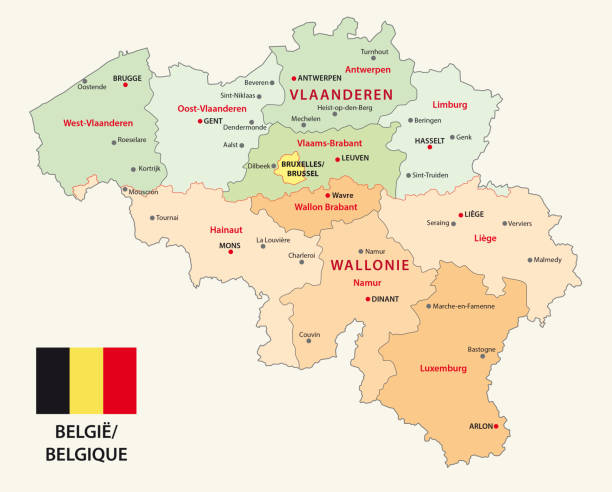 illustrazioni stock, clip art, cartoni animati e icone di tendenza di belgio mappa amministrativa e politica con bandiera - namur province