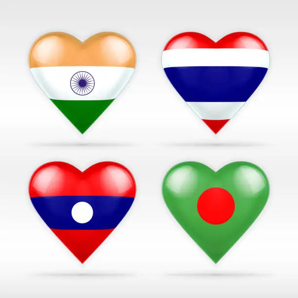 Vector illustration of India, Thailand, Laos and Bangladesh heart flag set of Asian states