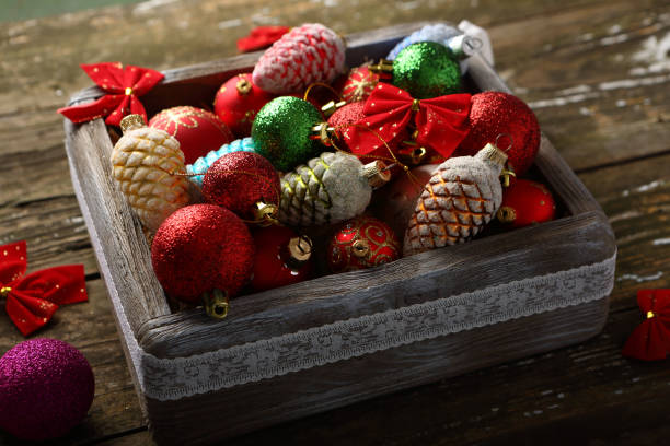istock Set of Holiday decorations in box 887449228