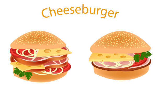 치즈 버거입니다. 훈제 햄과 롤빵입니다. 햄버거입니다. 버터, 허브, 토마토와 훈제 돼지고기 샌드위치. 벡터입니다. - sandwich ham white background lunch stock illustrations