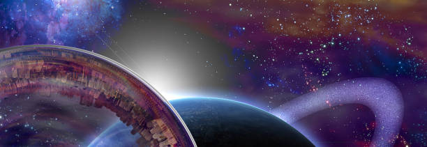istock Large interstellar city ship near ringed planet 887461124