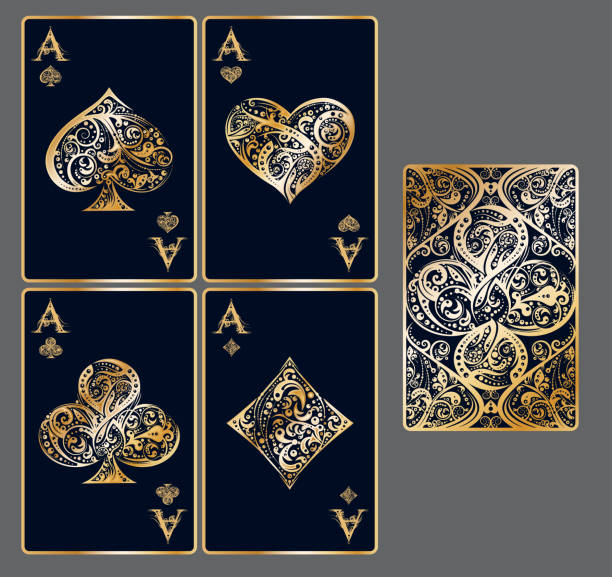 Set of vector playing card suits and back design Four aces. Set of vector playing card suits and back design made by floral elements. Vintage stylized illustration in golden colors on black background. Works well as print, icon, emblem, symbol ace stock illustrations