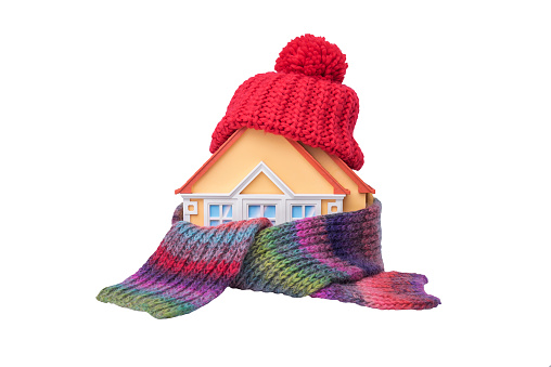 House is wrapped up in a winter scarf standing on a white knitted plaid.