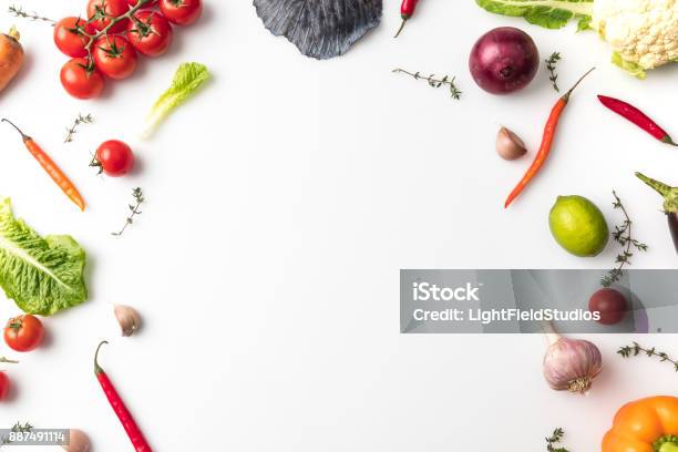 Vegetables For Salad Stock Photo - Download Image Now - Vegetable, White Background, Flat Lay
