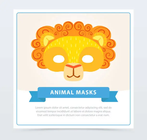 Vector illustration of Card with children s lion mask with orange mane. King of jungle. African or Safari theme. Big cat s face. Animal character impersonation. Flat vector design
