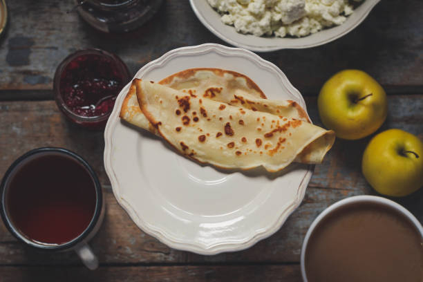 istock sweet pancakes with jam, cottage cheese and other - beautiful serving 887500708