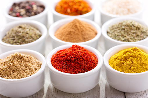 Various spice powder ingredients in hotel restaurant.