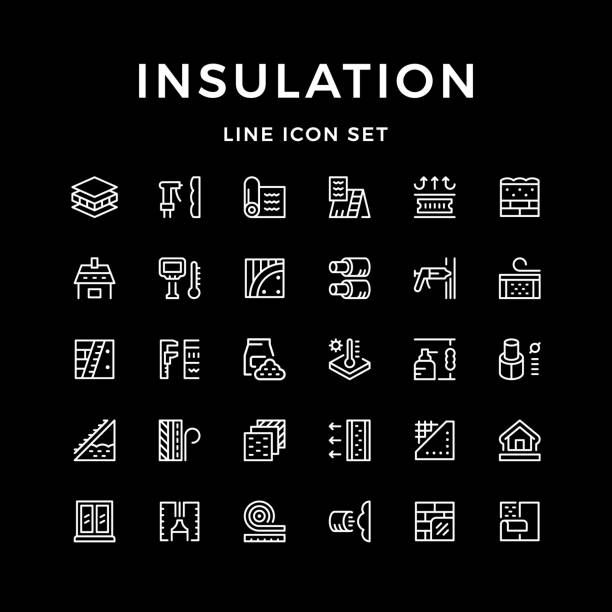 ilustraciones, imágenes clip art, dibujos animados e iconos de stock de iconos de la línea sistema de aislamiento - insulation roof attic home improvement