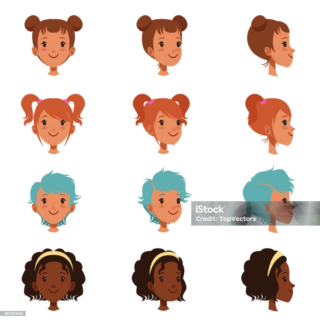 Avatars of female faces with different haircuts and hairstyles. Front and side view. Isolated flat vector illustration Avatars of female faces with different haircuts and hairstyles. Red-haired girl with twin tails, hair in bundle, short blue and long curly hair. Front and side view. Flat vector isolated on white. Girls stock vector