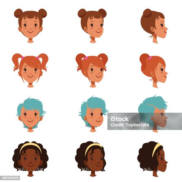 Avatars Of Female Faces With Different Haircuts And Hairstyles Front And Side View Isolated Flat Vector Illustration Stock Illustration - Download Image Now