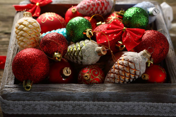 istock Bright christmas decor and decorations in wooden box, holidays 887508776
