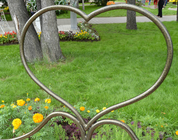 Metal pattern heart symbol, look through the heart on the grass, Park, Valentine's day stock photo