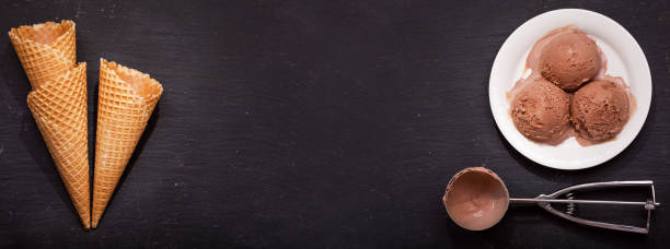 istock plate of chocolate ice cream scoops and waffle cones 887517082