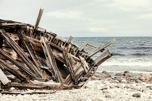 Wreck of an old wooden ship in Sweden