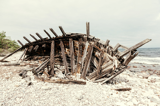 Wreck of an old wooden ship in Sweden