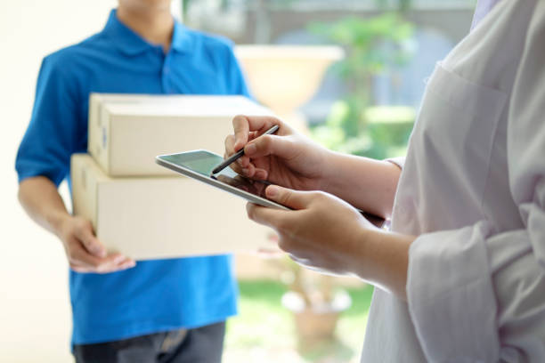 Delivery, mail, people and shipping concept.