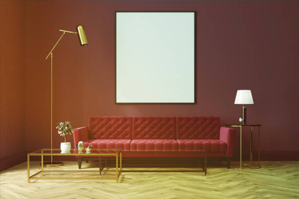 istock Purple living room, red sofa, poster toned 887543216