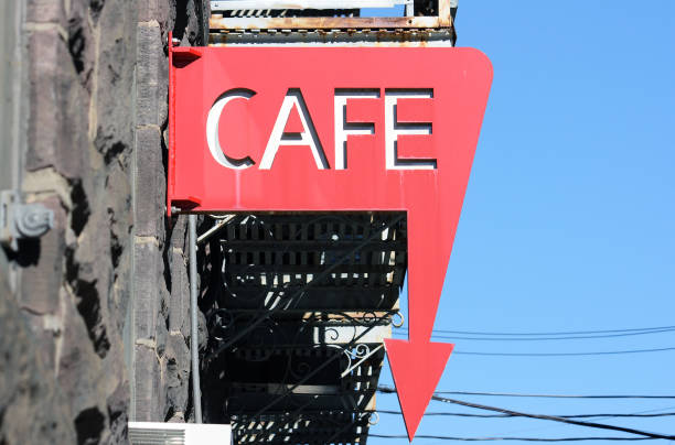 istock Red cafe sign with arrow pointing down 887544022