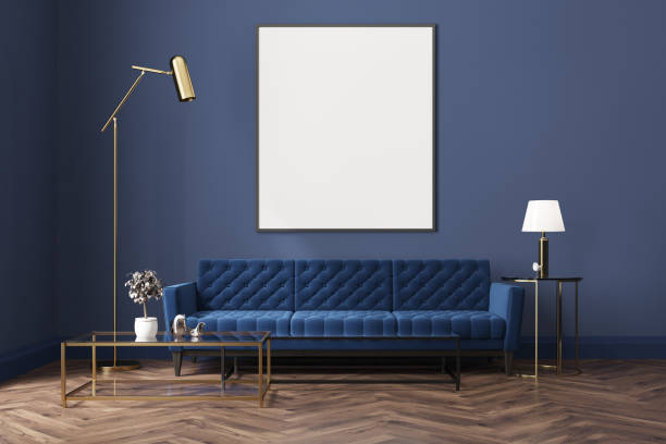istock Blue living room, blue sofa, poster 887544466