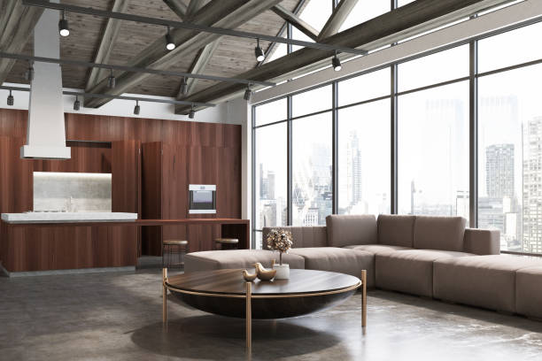 istock Loft wooden living room and kitchen 887548702