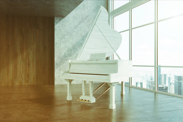 istock White piano in a large room side toned 887548892
