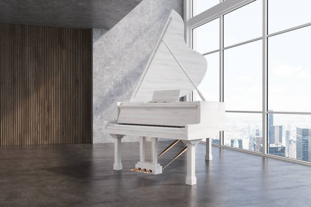 istock White piano in a large room side 887549200
