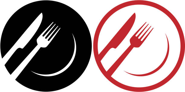 czerwone ikony restauracji - fork silverware table knife spoon stock illustrations