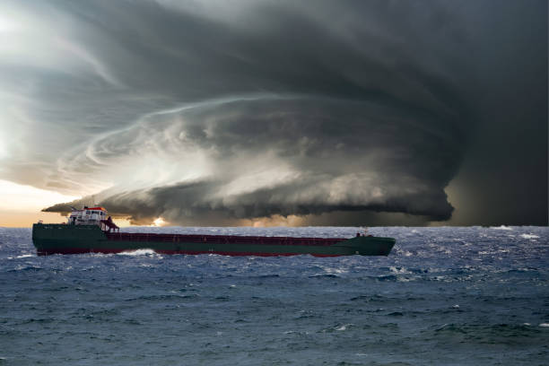 istock Ship in the tempest huricane cyclone 887554480