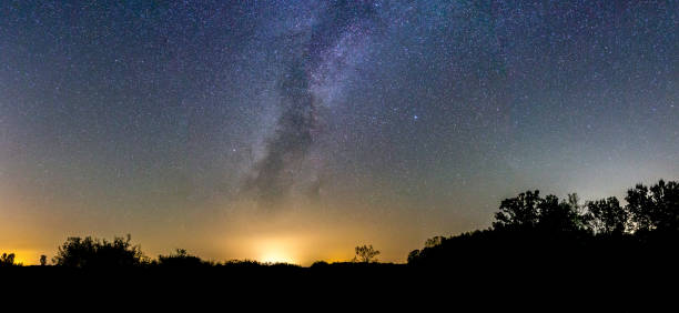 istock Night Sky Panorama with Milky Way Rising 887554560