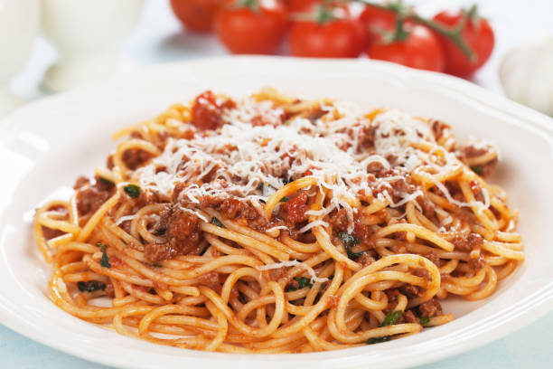 Italian spaghetti in sauce bolognese stock photo