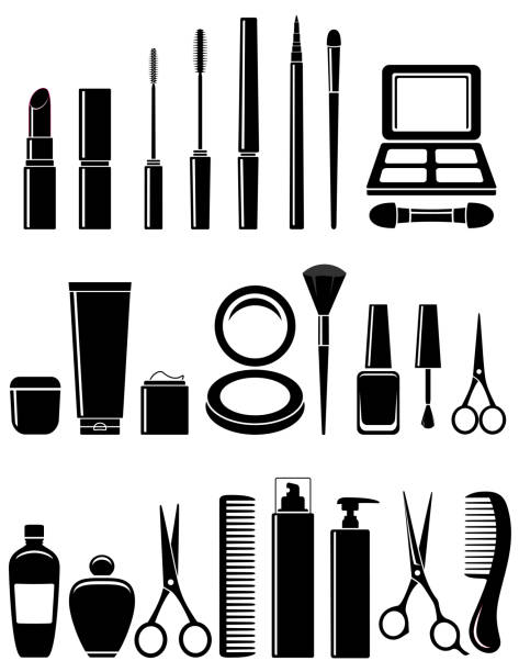 beauty cosmetic set black beauty set of isolated cosmetic items on white background eyeliner brush stock illustrations
