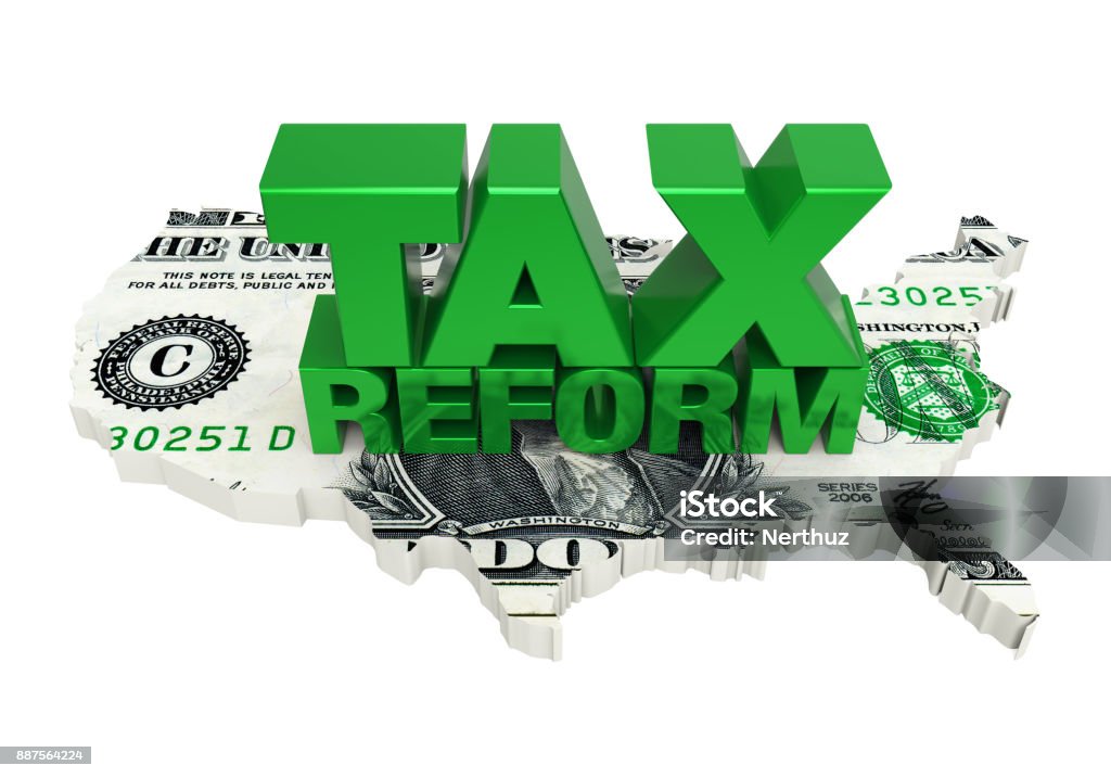 Tax Reform with United States Map Dollar Tax Reform with United States Map Dollar isolated on white background. 3D render American One Dollar Bill Stock Photo