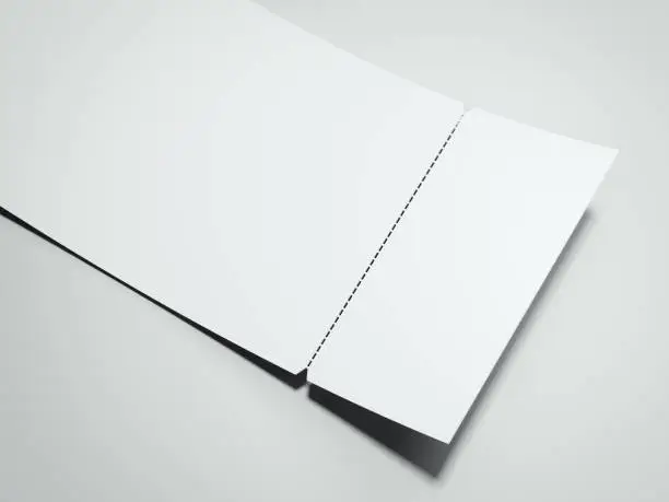 Blank white tear-off ticket isolated on gray background. 3d rendering