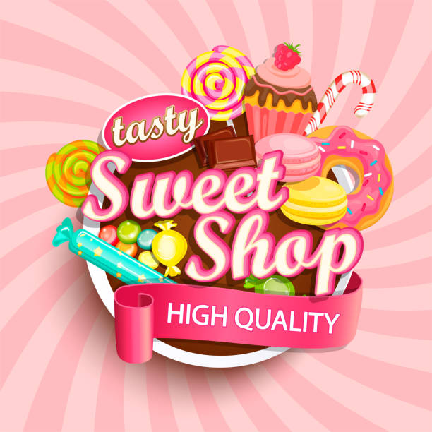 ilustrações, clipart, desenhos animados e ícones de etiqueta de loja de doces ou emblema. - donut sweet food dessert snack