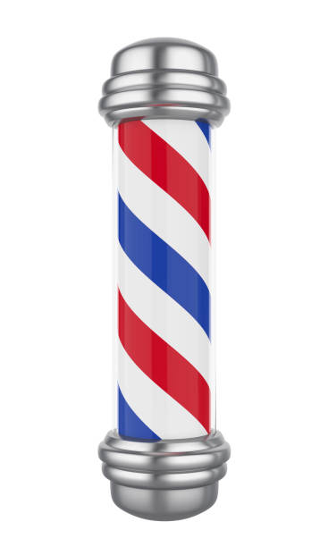 Classic Barber Shop Pole Isolated Classic Barber Shop Pole isolated on white background. 3D render metallic red chrome pattern stock pictures, royalty-free photos & images