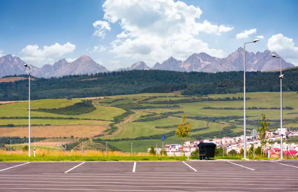 Photo of parking lot with view on High Tatra mountains