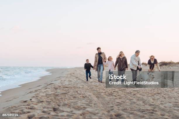 Family Walking With Dog At Seaside Stock Photo - Download Image Now - Beach, Family, Multi-Generation Family