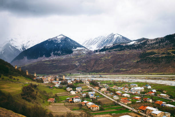 istock Panoramic view on Svan tower in Upper Svaneti village Mestia, Georgia 887599942