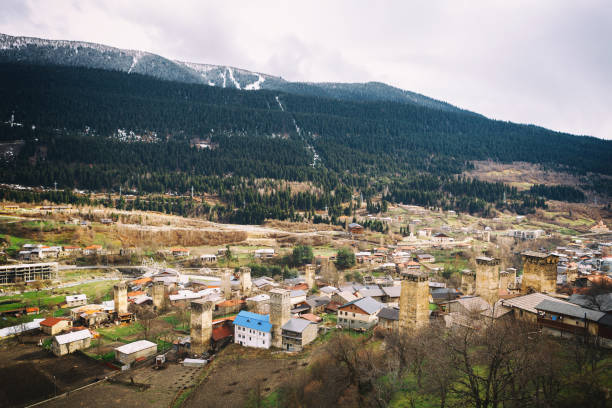 istock Panoramic view on Svan tower in Upper Svaneti village Mestia, Georgia 887602360